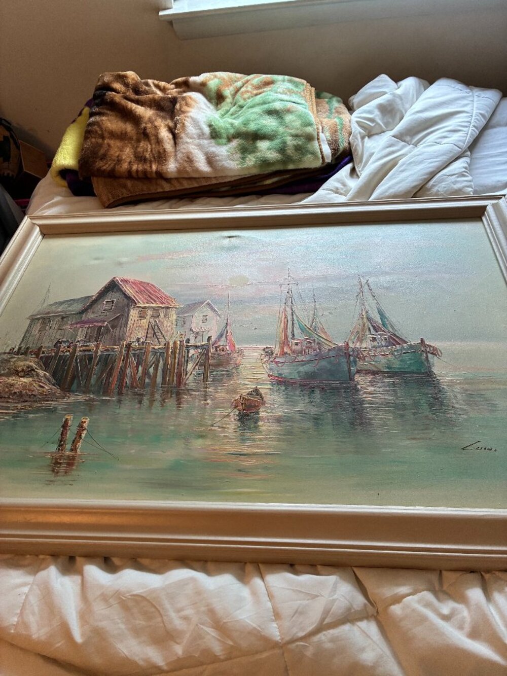 Beautiful Artist picture of boat house with some boats near by